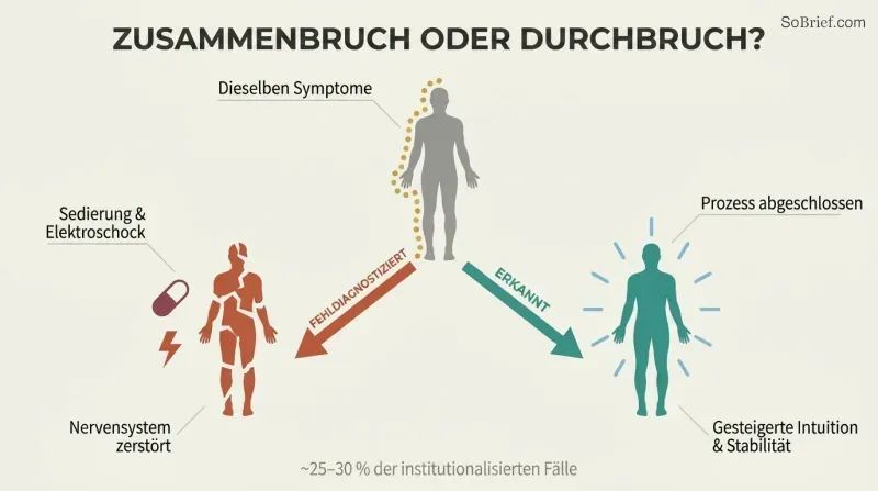 Fork diagram showing identical symptoms diverging into two paths: misdiagnosis leading to nervous system destruction versus recognition leading to enhanced intuition and stability.