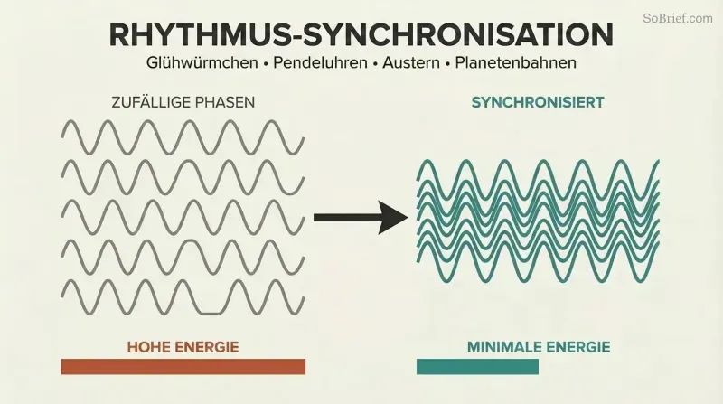 Scattered gray waves transform into aligned teal waves, showing how oscillators naturally synchronize to save energy.