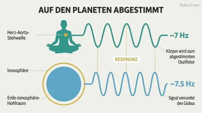 Meditating human silhouette and Earth cross-section connected by matching sine waves both oscillating near 7 Hz, showing body-planet resonance coupling.