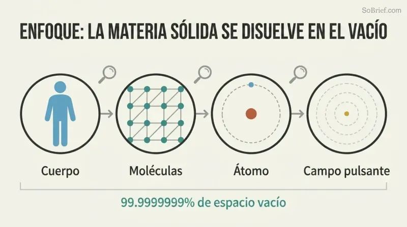 Four circular magnification stages showing a human silhouette progressively dissolving from solid tissue to molecular grid to sparse atom to pulsating empty field.
