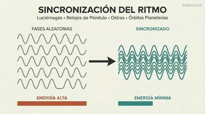 Scattered gray waves transform into aligned teal waves, showing how oscillators naturally synchronize to save energy.