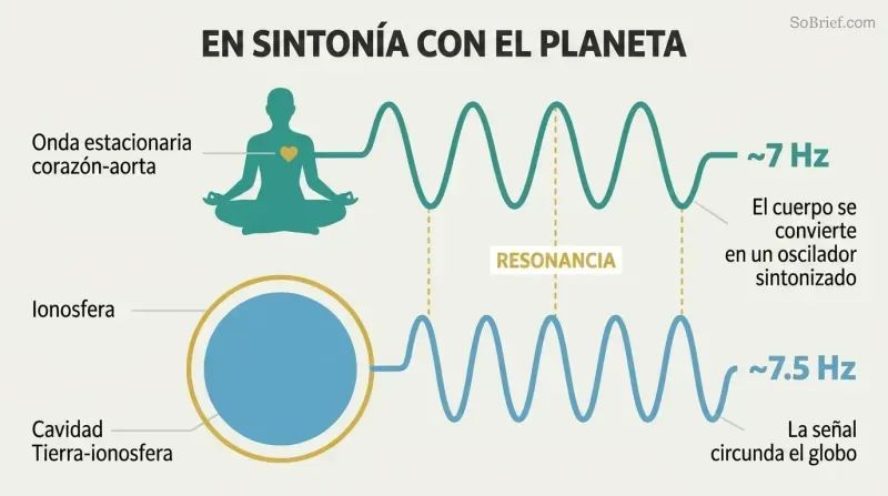 Meditating human silhouette and Earth cross-section connected by matching sine waves both oscillating near 7 Hz, showing body-planet resonance coupling.