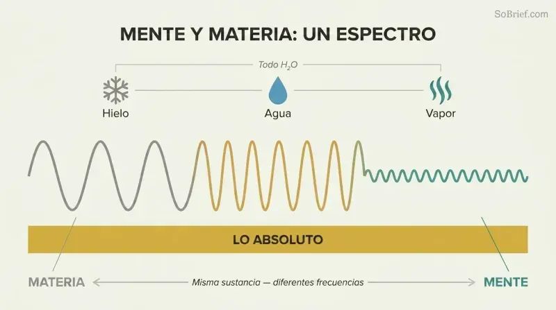 Continuous wave shifting from tall gray peaks to fine teal ripples above a gold band, showing matter and mind as one spectrum.