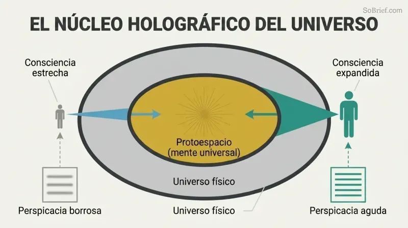 Cross-section of a torus showing a glowing inner core, with two figures projecting narrow and wide beams into it, illustrating how expanded consciousness retrieves sharper knowledge.