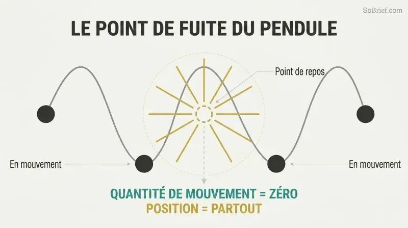 Sine wave oscillation with a starburst at the crest rest point, showing how zero momentum causes infinite position expansion.
