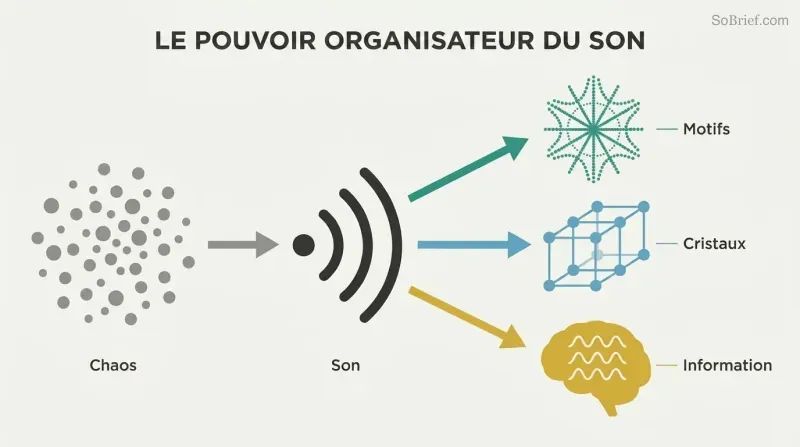 Scattered particles transform through sound vibration into three forms of order: geometric patterns, crystal lattices, and holographic information storage.