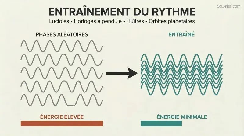 Scattered gray waves transform into aligned teal waves, showing how oscillators naturally synchronize to save energy.