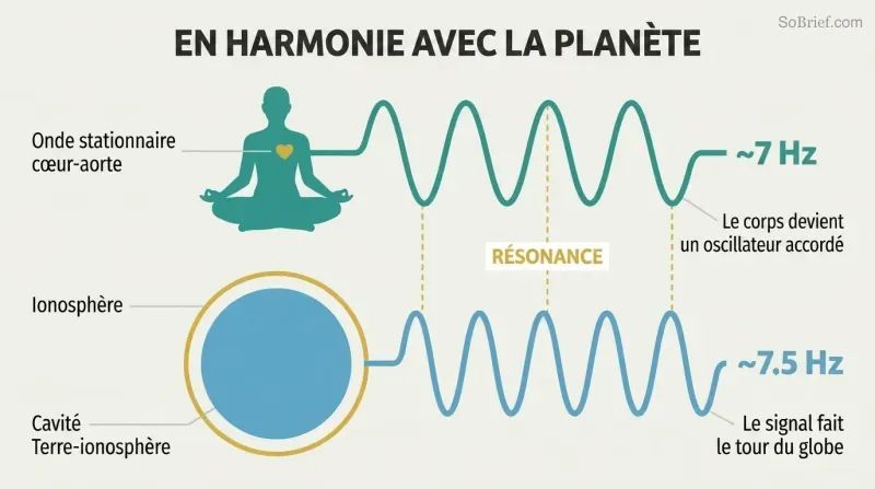 Meditating human silhouette and Earth cross-section connected by matching sine waves both oscillating near 7 Hz, showing body-planet resonance coupling.