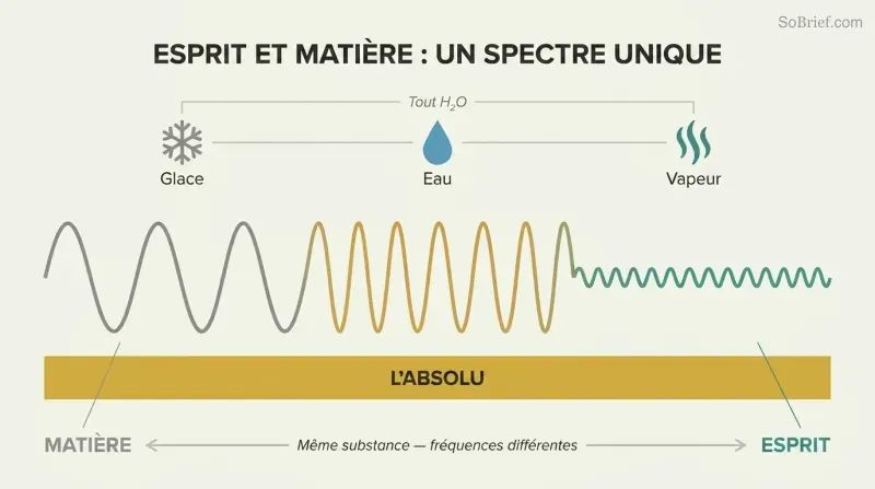 Continuous wave shifting from tall gray peaks to fine teal ripples above a gold band, showing matter and mind as one spectrum.