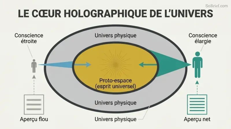 Cross-section of a torus showing a glowing inner core, with two figures projecting narrow and wide beams into it, illustrating how expanded consciousness retrieves sharper knowledge.