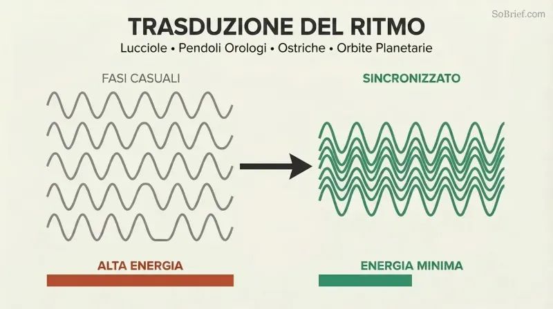 Scattered gray waves transform into aligned teal waves, showing how oscillators naturally synchronize to save energy.