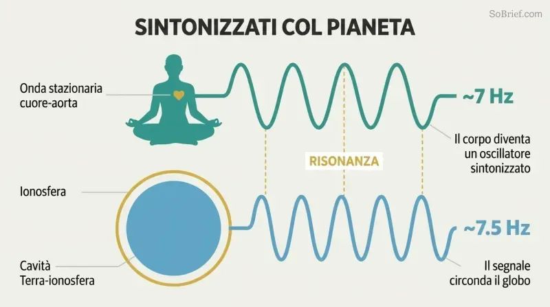 Meditating human silhouette and Earth cross-section connected by matching sine waves both oscillating near 7 Hz, showing body-planet resonance coupling.