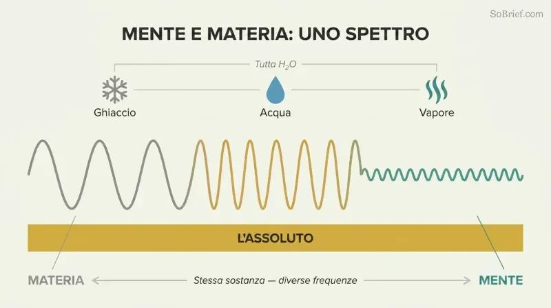 Continuous wave shifting from tall gray peaks to fine teal ripples above a gold band, showing matter and mind as one spectrum.