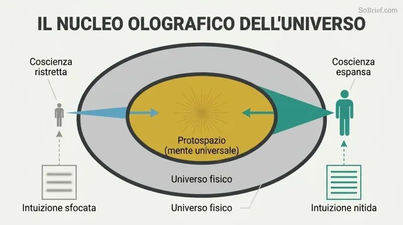 Cross-section of a torus showing a glowing inner core, with two figures projecting narrow and wide beams into it, illustrating how expanded consciousness retrieves sharper knowledge.