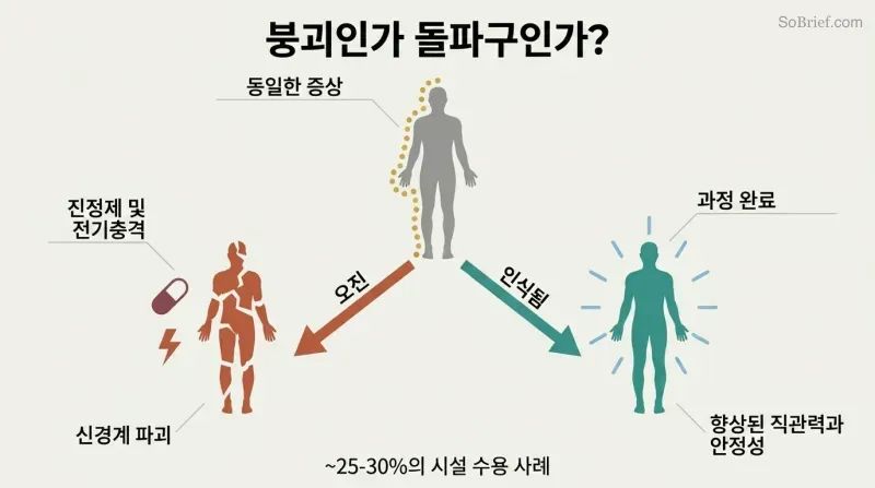 Fork diagram showing identical symptoms diverging into two paths: misdiagnosis leading to nervous system destruction versus recognition leading to enhanced intuition and stability.