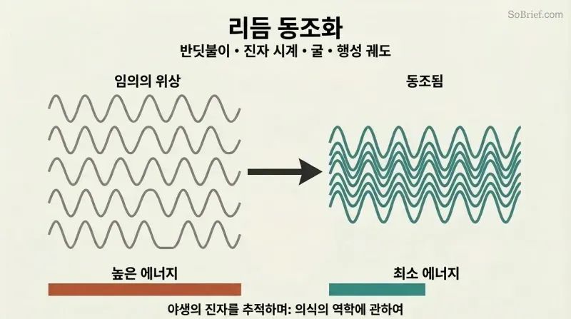Scattered gray waves transform into aligned teal waves, showing how oscillators naturally synchronize to save energy.