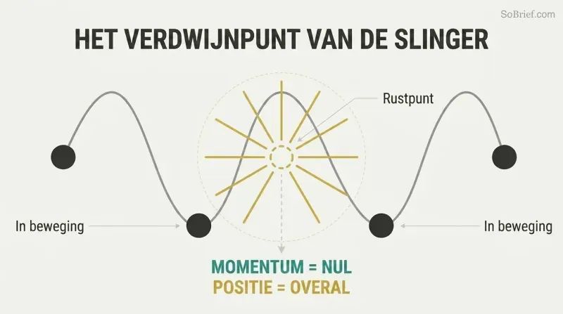 Sine wave oscillation with a starburst at the crest rest point, showing how zero momentum causes infinite position expansion.