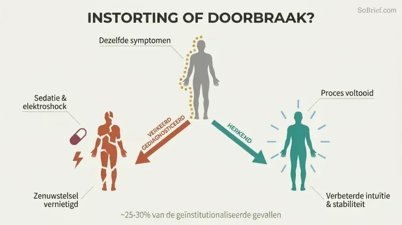 Fork diagram showing identical symptoms diverging into two paths: misdiagnosis leading to nervous system destruction versus recognition leading to enhanced intuition and stability.