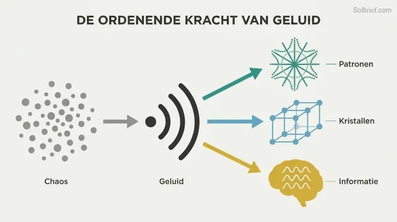 Scattered particles transform through sound vibration into three forms of order: geometric patterns, crystal lattices, and holographic information storage.