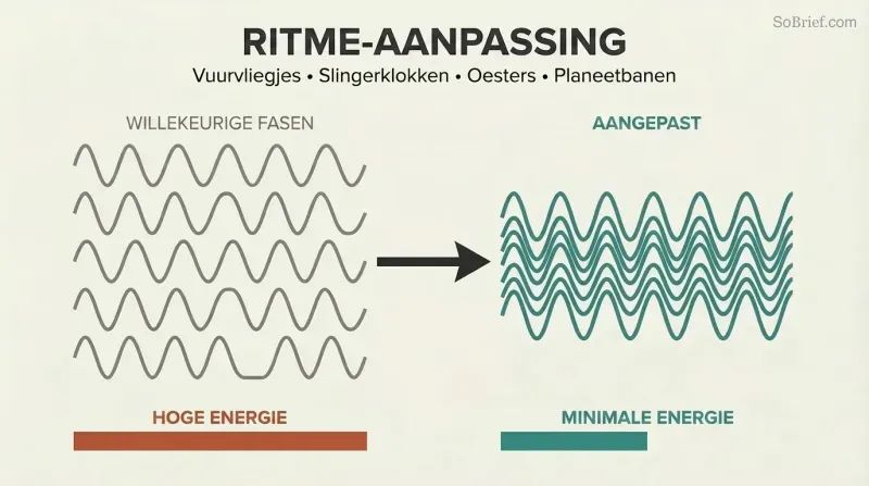 Scattered gray waves transform into aligned teal waves, showing how oscillators naturally synchronize to save energy.