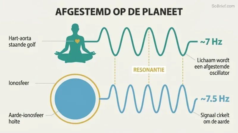 Meditating human silhouette and Earth cross-section connected by matching sine waves both oscillating near 7 Hz, showing body-planet resonance coupling.
