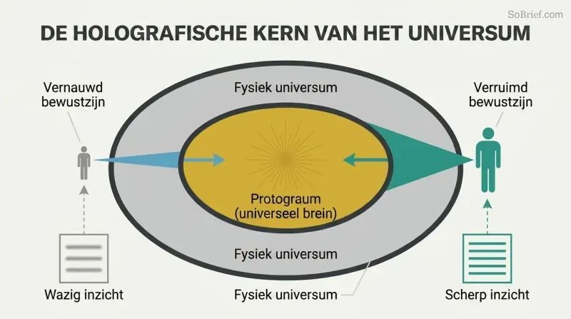 Cross-section of a torus showing a glowing inner core, with two figures projecting narrow and wide beams into it, illustrating how expanded consciousness retrieves sharper knowledge.