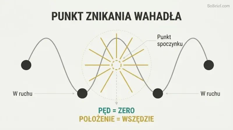 Sine wave oscillation with a starburst at the crest rest point, showing how zero momentum causes infinite position expansion.