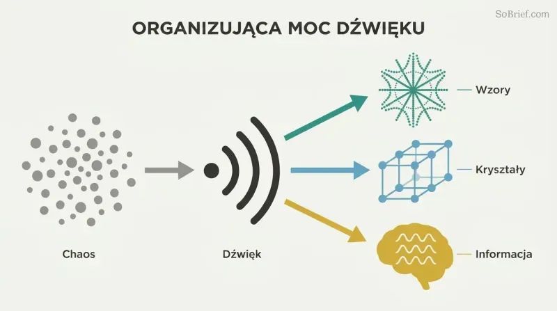 Scattered particles transform through sound vibration into three forms of order: geometric patterns, crystal lattices, and holographic information storage.
