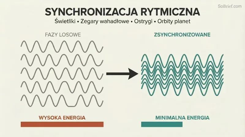 Scattered gray waves transform into aligned teal waves, showing how oscillators naturally synchronize to save energy.