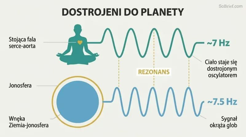 Meditating human silhouette and Earth cross-section connected by matching sine waves both oscillating near 7 Hz, showing body-planet resonance coupling.