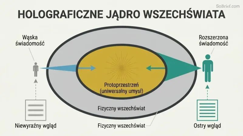 Cross-section of a torus showing a glowing inner core, with two figures projecting narrow and wide beams into it, illustrating how expanded consciousness retrieves sharper knowledge.