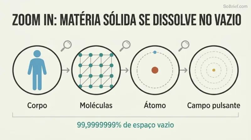 Four circular magnification stages showing a human silhouette progressively dissolving from solid tissue to molecular grid to sparse atom to pulsating empty field.