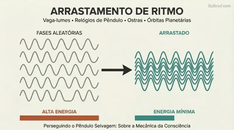 Scattered gray waves transform into aligned teal waves, showing how oscillators naturally synchronize to save energy.