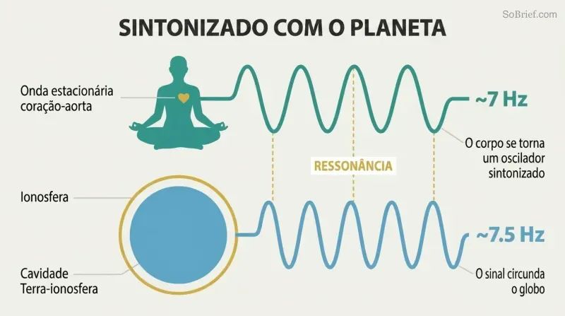 Meditating human silhouette and Earth cross-section connected by matching sine waves both oscillating near 7 Hz, showing body-planet resonance coupling.