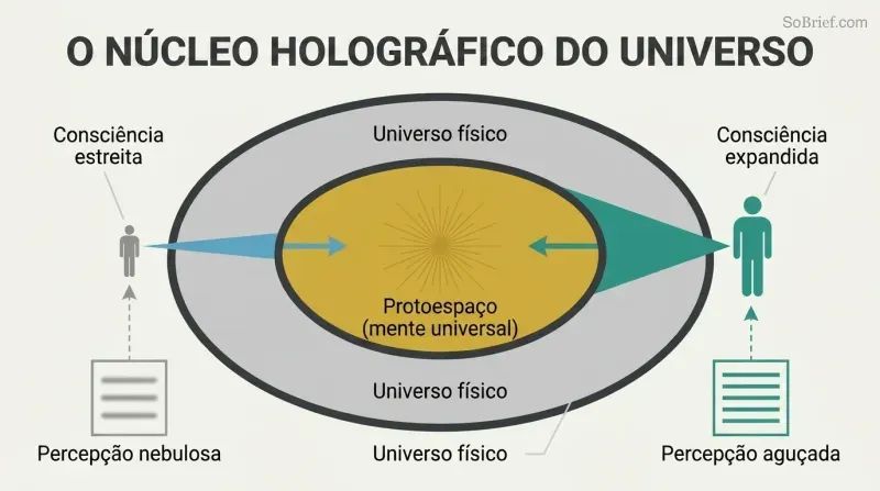 Cross-section of a torus showing a glowing inner core, with two figures projecting narrow and wide beams into it, illustrating how expanded consciousness retrieves sharper knowledge.