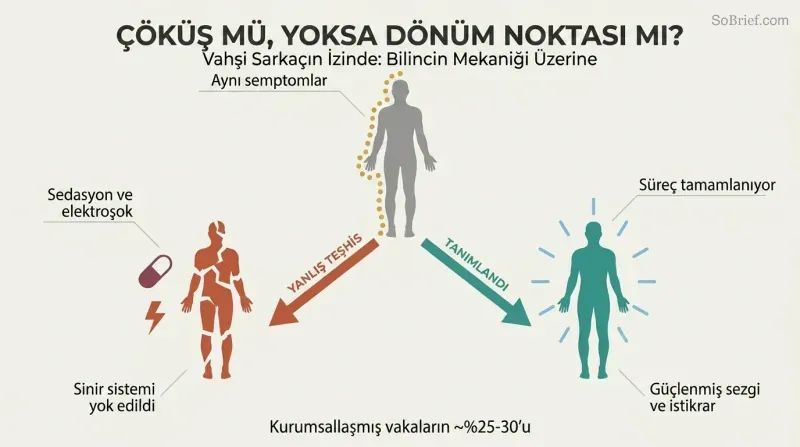 Fork diagram showing identical symptoms diverging into two paths: misdiagnosis leading to nervous system destruction versus recognition leading to enhanced intuition and stability.