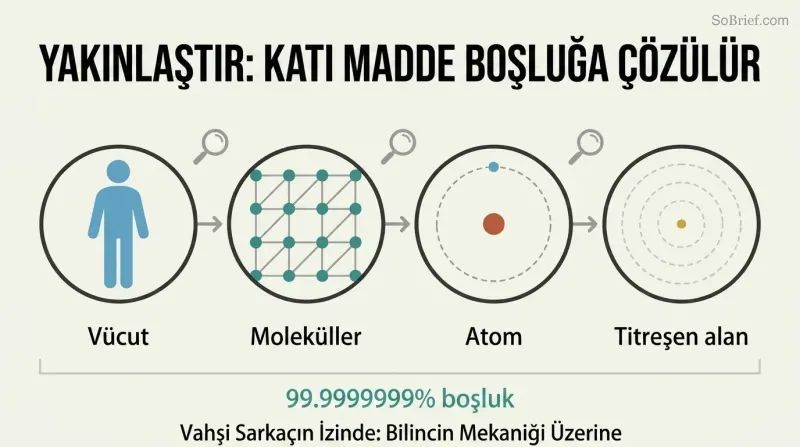 Four circular magnification stages showing a human silhouette progressively dissolving from solid tissue to molecular grid to sparse atom to pulsating empty field.