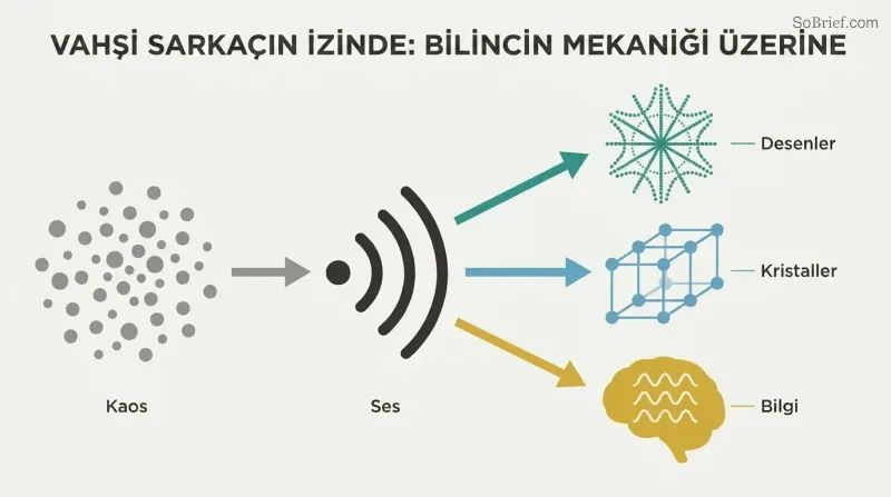 Scattered particles transform through sound vibration into three forms of order: geometric patterns, crystal lattices, and holographic information storage.