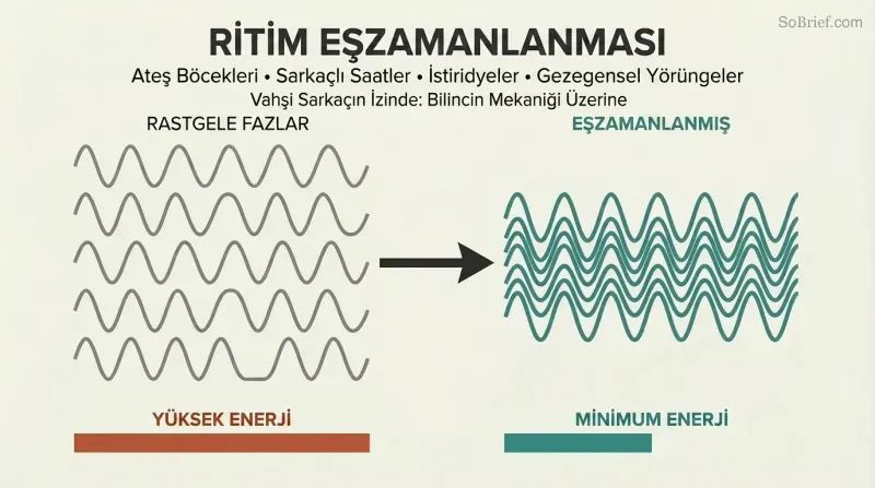Scattered gray waves transform into aligned teal waves, showing how oscillators naturally synchronize to save energy.