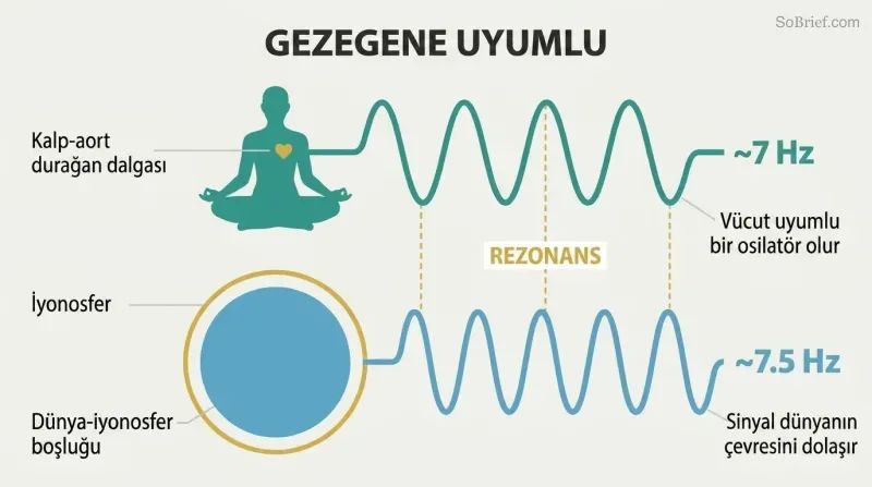 Meditating human silhouette and Earth cross-section connected by matching sine waves both oscillating near 7 Hz, showing body-planet resonance coupling.