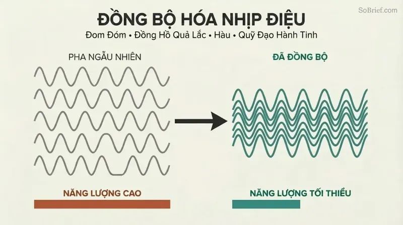 Scattered gray waves transform into aligned teal waves, showing how oscillators naturally synchronize to save energy.