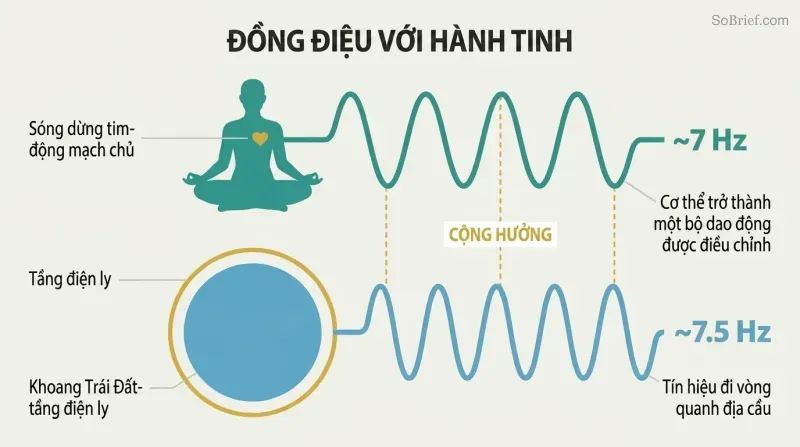 Meditating human silhouette and Earth cross-section connected by matching sine waves both oscillating near 7 Hz, showing body-planet resonance coupling.