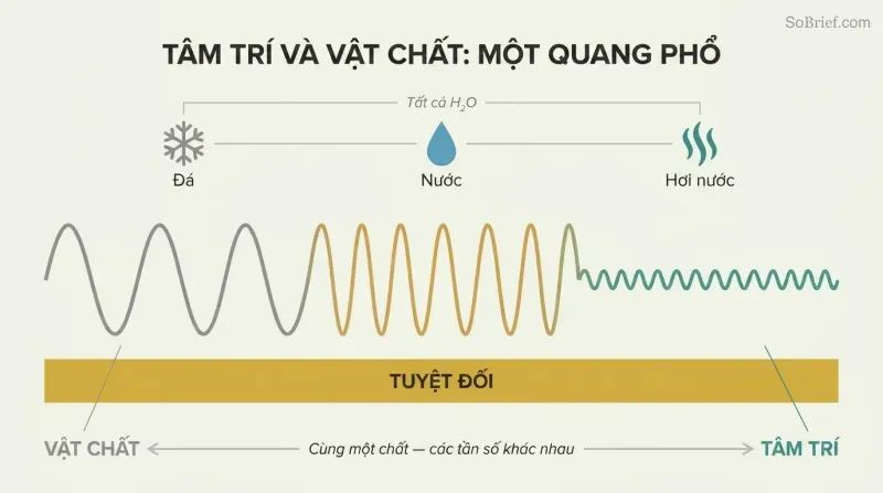 Continuous wave shifting from tall gray peaks to fine teal ripples above a gold band, showing matter and mind as one spectrum.