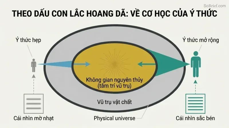 Cross-section of a torus showing a glowing inner core, with two figures projecting narrow and wide beams into it, illustrating how expanded consciousness retrieves sharper knowledge.