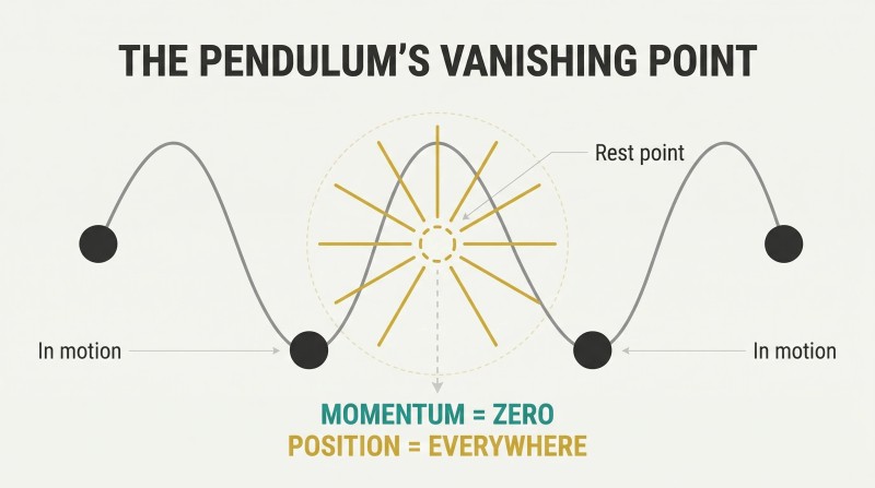 Sine wave oscillation with a starburst at the crest rest point, showing how zero momentum causes infinite position expansion.
