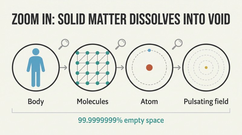 Four circular magnification stages showing a human silhouette progressively dissolving from solid tissue to molecular grid to sparse atom to pulsating empty field.