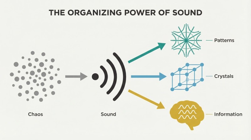 Scattered particles transform through sound vibration into three forms of order: geometric patterns, crystal lattices, and holographic information storage.