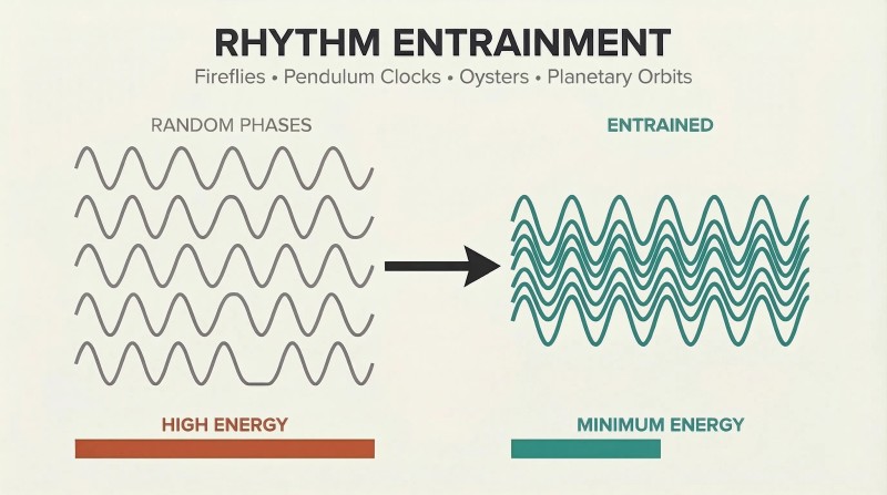 Scattered gray waves transform into aligned teal waves, showing how oscillators naturally synchronize to save energy.