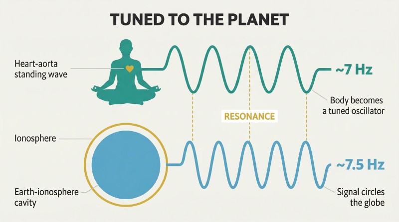 Meditating human silhouette and Earth cross-section connected by matching sine waves both oscillating near 7 Hz, showing body-planet resonance coupling.