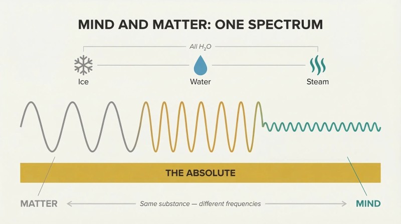 Continuous wave shifting from tall gray peaks to fine teal ripples above a gold band, showing matter and mind as one spectrum.